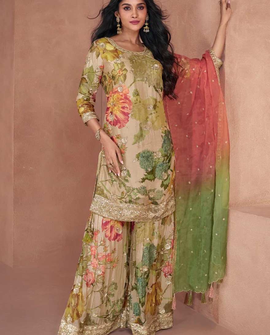 5296 - Beige Brown Floral Printed Georgette Plazzo Suit with Sequence work : Top Pick